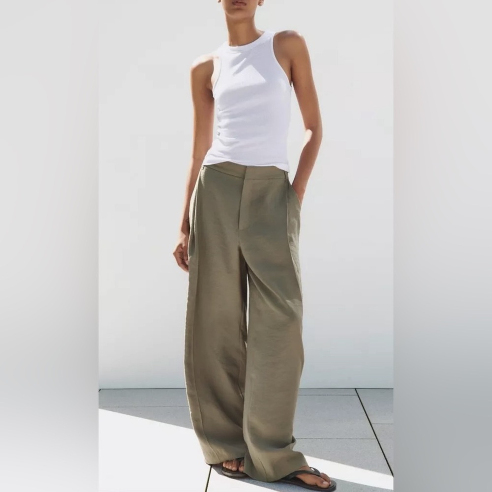 🫒Zara high rise wide leg pants trousers olive black melange size XL
